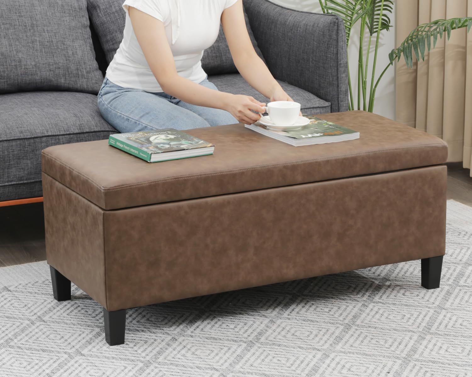 Adeco 42 Inch Faux Leather Storage Ottoman Bench, Upholstered Lift Top Coffee Table with 30 Gallon Storage for Entryway & End of Bed, Mid-Century Modern, Light Brown Camel, Supports 665 lbs