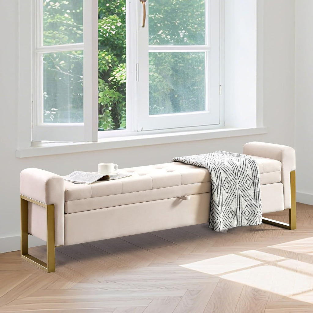 67" Storage Bench for Bedroom, King Size End of Bed Bench, Upholstered Storage Ottoman Bench with Golden Metal Legs, Bedroom Bench for Entryway, Beige