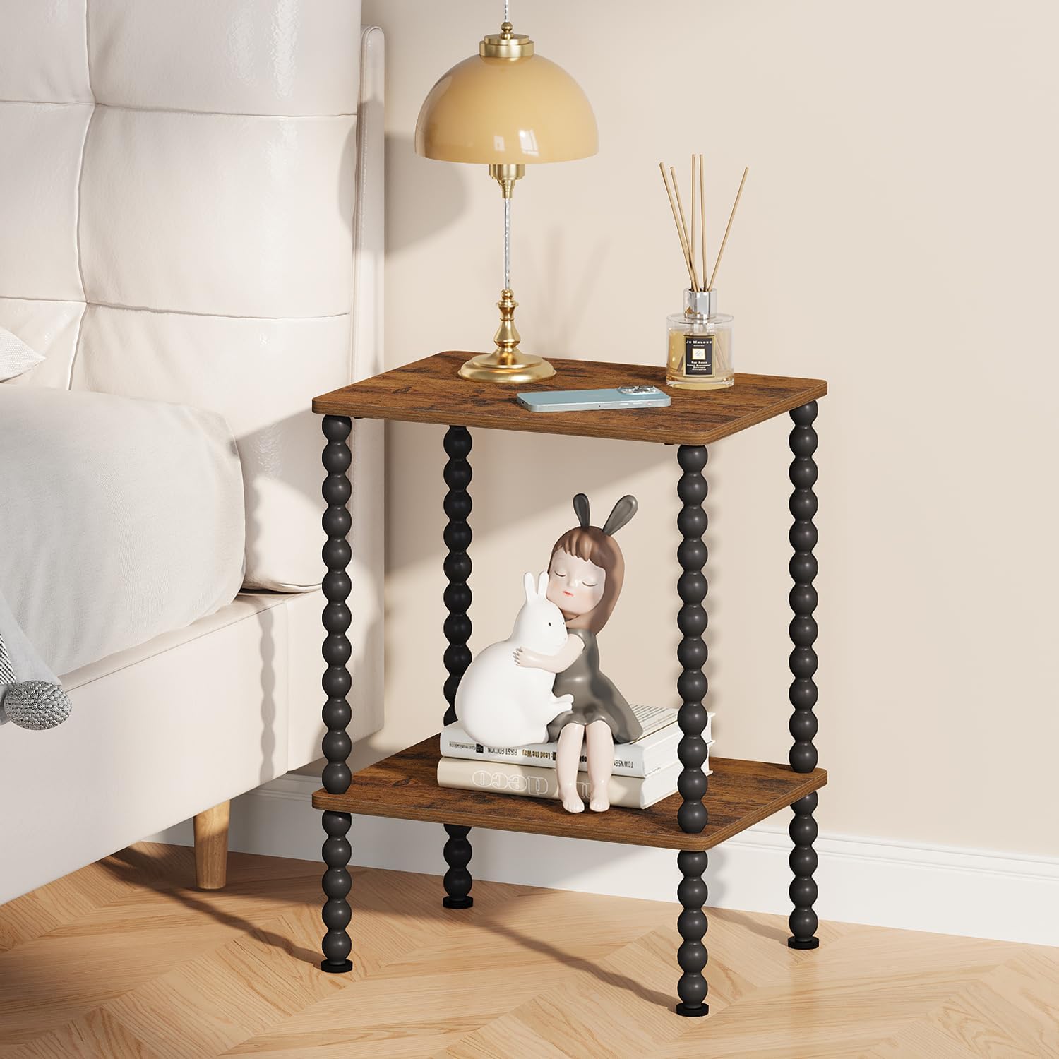 YINMIT End Table,2-Tier Small Side Table with Open Storage Shelf | Night Stand,Metal Spindle Legs,Round Curve Corner,Living Room,Bedroom,Office,Small Spaces