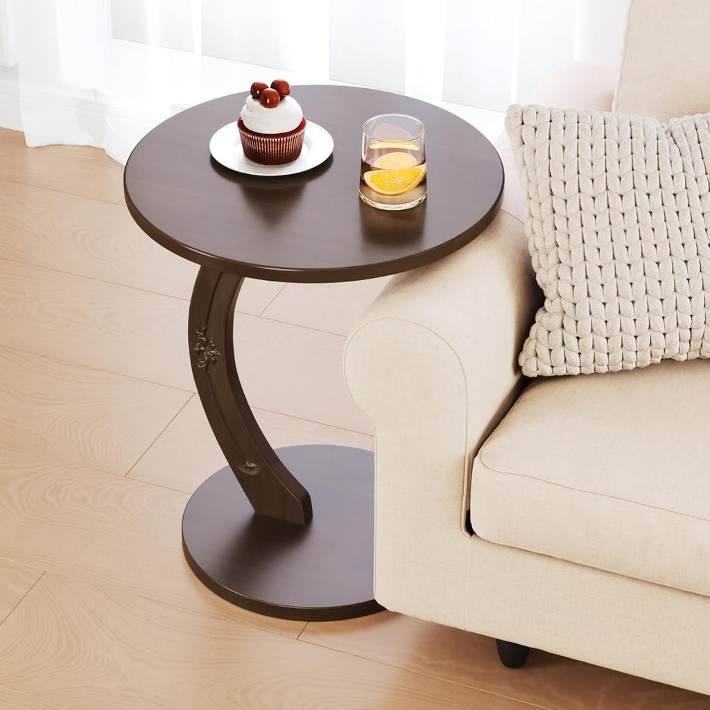 Round C-Shaped Side Table - Small C Shaped End Table for Couch/Sofa, Wood Couch Tables That Slide Under Beside, Space Saving Tables Tray for Living Room, Bedroom, Small Space (Dark Walnut)