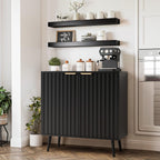 Black Fluted Buffet Cabinet, Free Standing Sideboard with Storage, Wood Accent Cabinet with Doors & Shelf, Modern Credenza, Sideboard Buffet Cabinet for Living Room, Dining Room(1, Black)