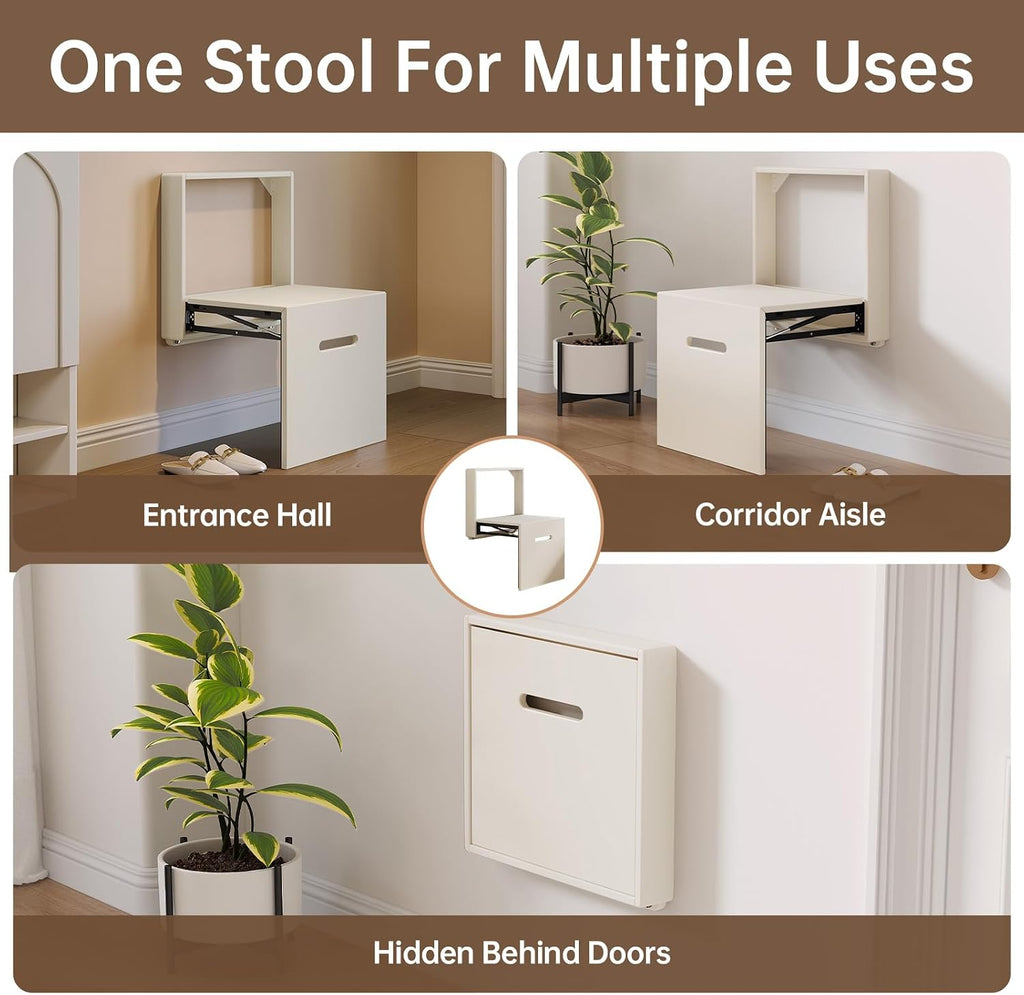 Miuuod 17.55“W Wall Mounted Folding Chair Solid Step Stools,Shoe Changing Stool,Door Shoe Footstool,Folding Hang Balcony Living Stool,Space Saving Hidden Wall Stools,Entryway Seat,Tea White