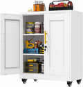 GAIOUS Metal Storage Cabinet with Lock and Wheels, Steel Tool Cabinet with 2 Door and 2 Adjustable Shelves, 35” Tall Lockable File Cabinet, Garage Cabinet, Rolling Cabinet for Home Office - White