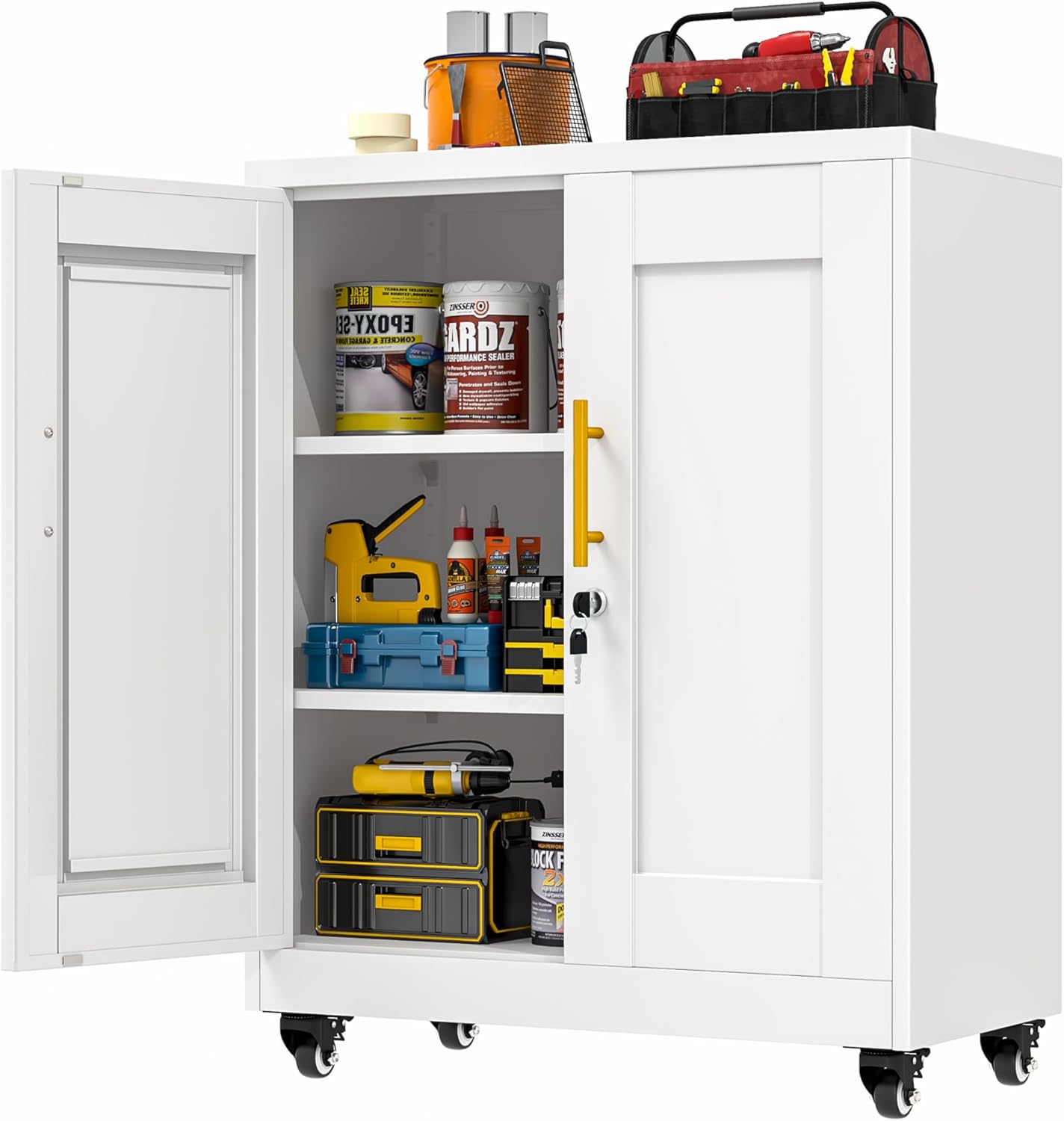 GAIOUS Metal Storage Cabinet with Lock and Wheels, Steel Tool Cabinet with 2 Door and 2 Adjustable Shelves, 35” Tall Lockable File Cabinet, Garage Cabinet, Rolling Cabinet for Home Office - White