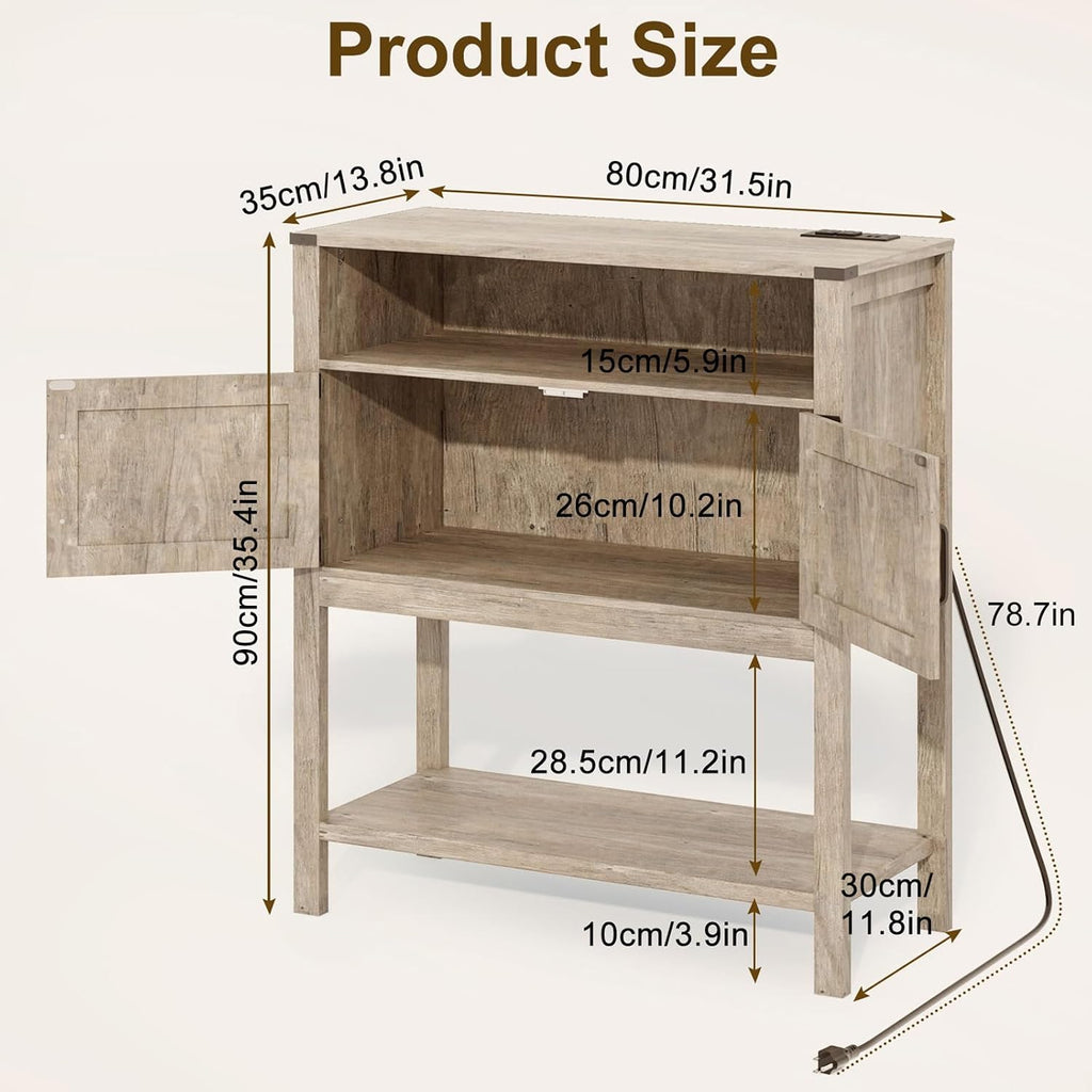 M METERXITY 31.5" W Coffee Bar Cabinet with Outlets, 2-Door Farmhouse Console Table Sofa Storage Cabinet Narrow Buffet Sideboard for Kitchen, Pantry, Entryway, Hallway, Dining (Light Oak)