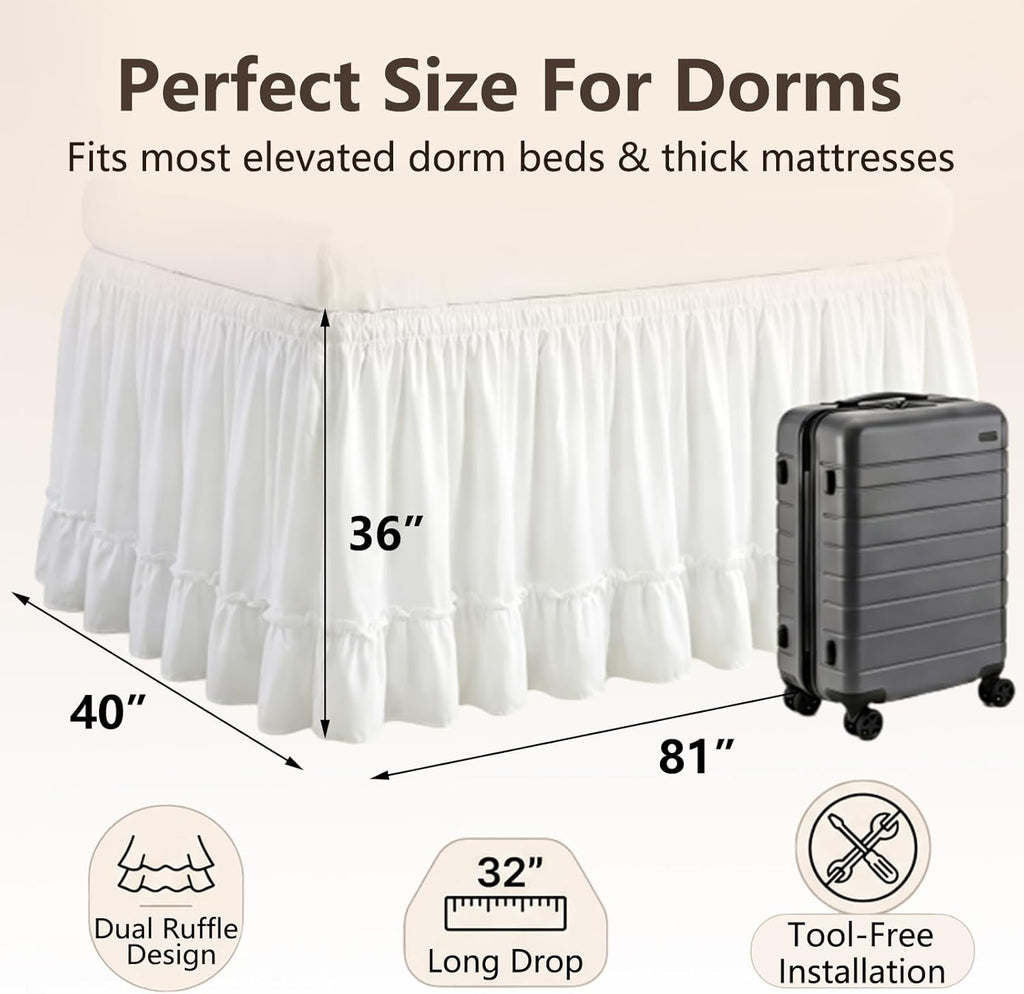 Breling White Ruffled Dorm Bed Skirt Twin XL 36 Inch Long Bed Skirt Dorm Solid Silky Fabric Machine Washable Split Corner Extra Long Wrap Around Elastic for Beds Room Bedding Decor
