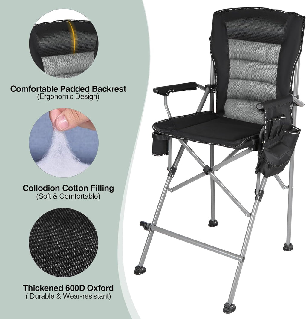 Extra Tall Camping Chairs for Adults 330lbs, Tall Lawn Chairs Portable Bar Height Foldable Director Chairs for Camping Outside, Comfortable with Makeup Pocket and Footrest, Black