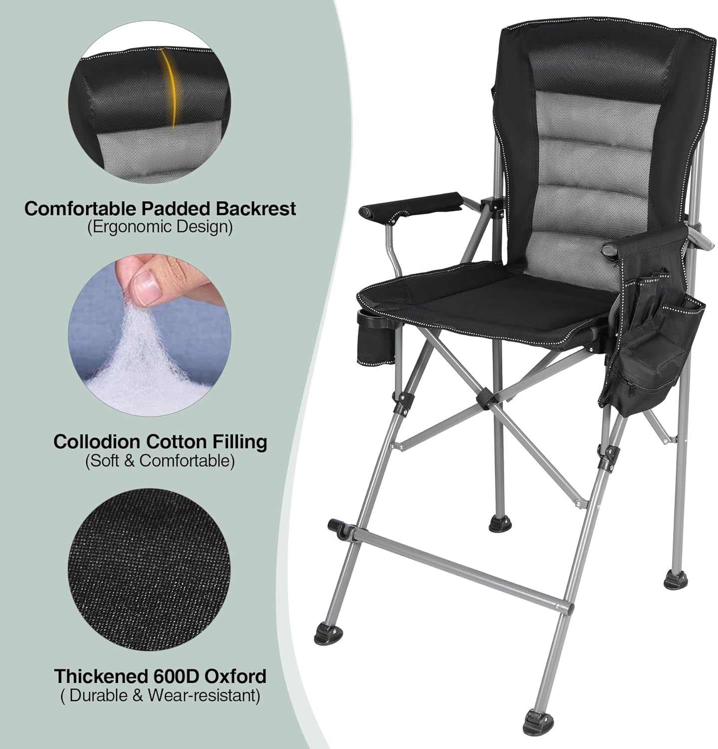 Extra Tall Camping Chairs for Adults 330lbs, Tall Lawn Chairs Portable Bar Height Foldable Director Chairs for Camping Outside, Comfortable with Makeup Pocket and Footrest, Black