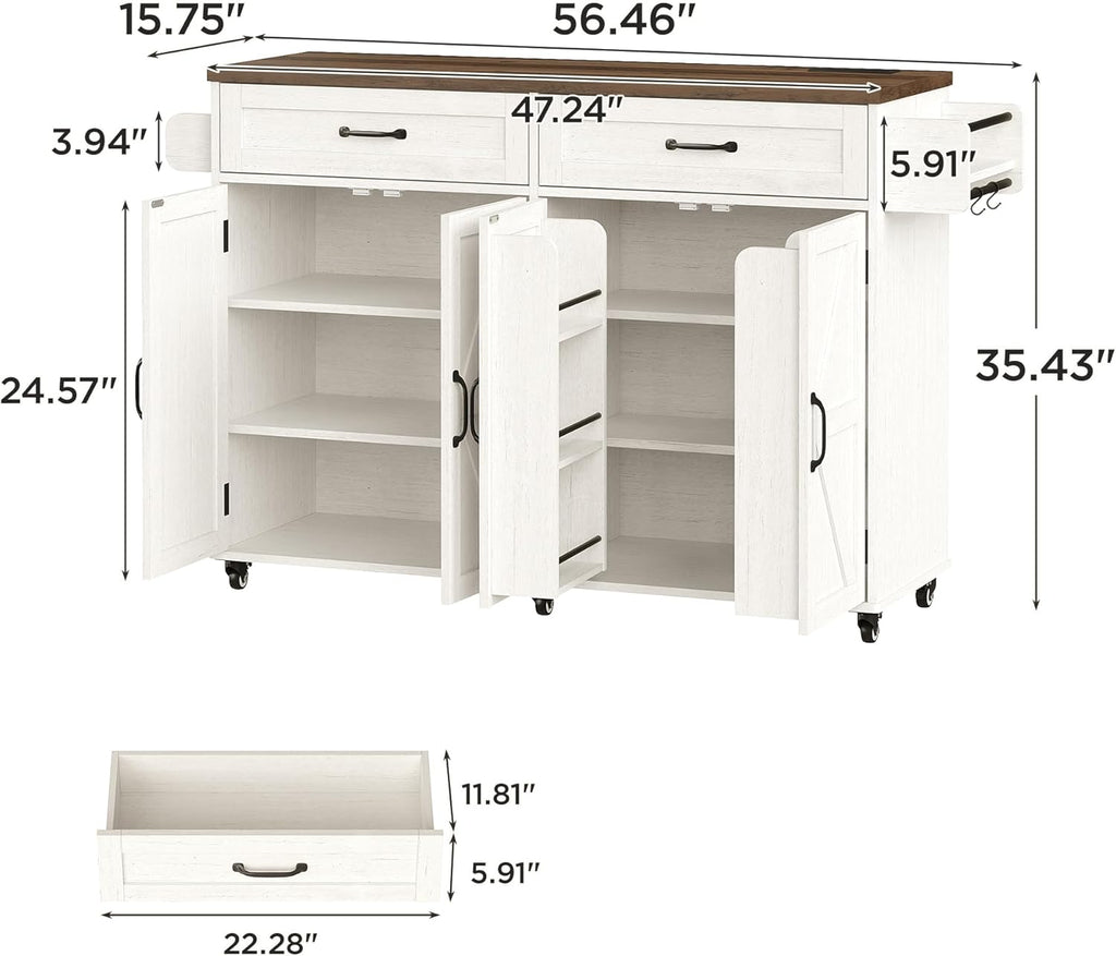 Mobile Kitchen Island, Kitchen Island Cart with 2 Drawers and Charging Station, Island Table for Kitchen, Home Bar Carts with Storage, Kitchen Rolling Island with Spice Rack and Towel Rack,White