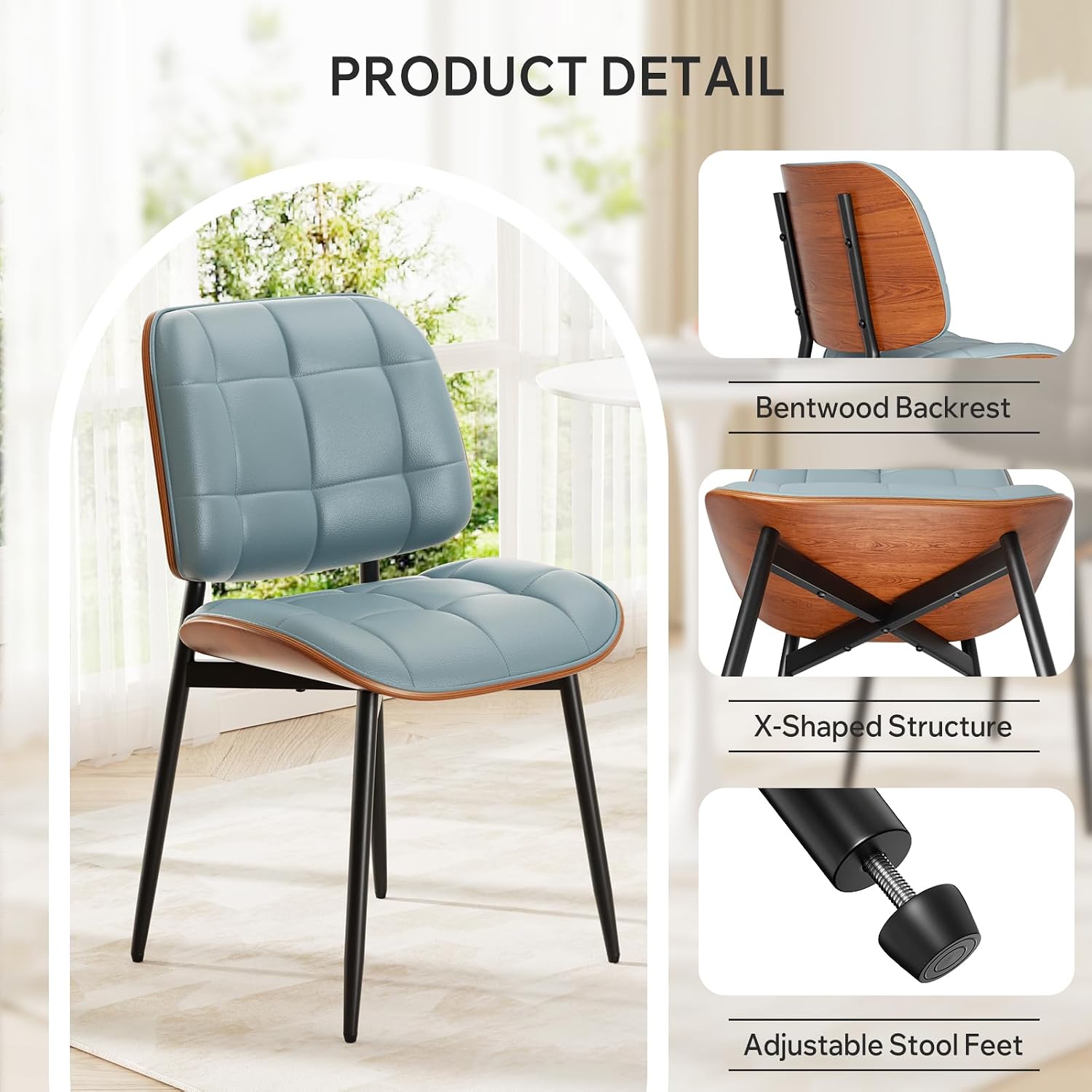 Dining Chairs Set of 4, Mid Century Modern Dining Room Chair with Thick Cushion, Upholstered Faux Leather Kitchen Chairs with Walnut Bentwood Back for Kitchen Dining Room, Blue
