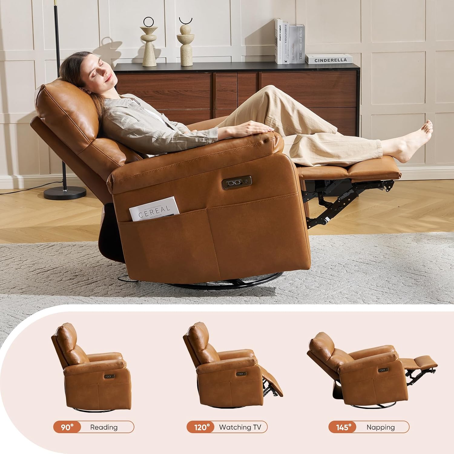 Power Recliner Chair with Adjustable Lumbar Support, Swivel Rocker Recliner with Overstuffed Armrests, Nursery Glider Recliner, Rocking Chair Nursery for Bedroom,USB&Type-C,Faux Leather Camel