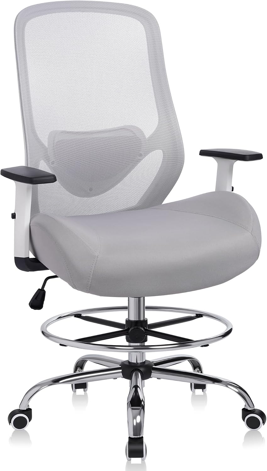 Office Drafting Chair, Tall Height Adjustable Ergonomic Office Chair with Footrest, High Back Desk Chair with Flip-up Armrests and Lumbar Support