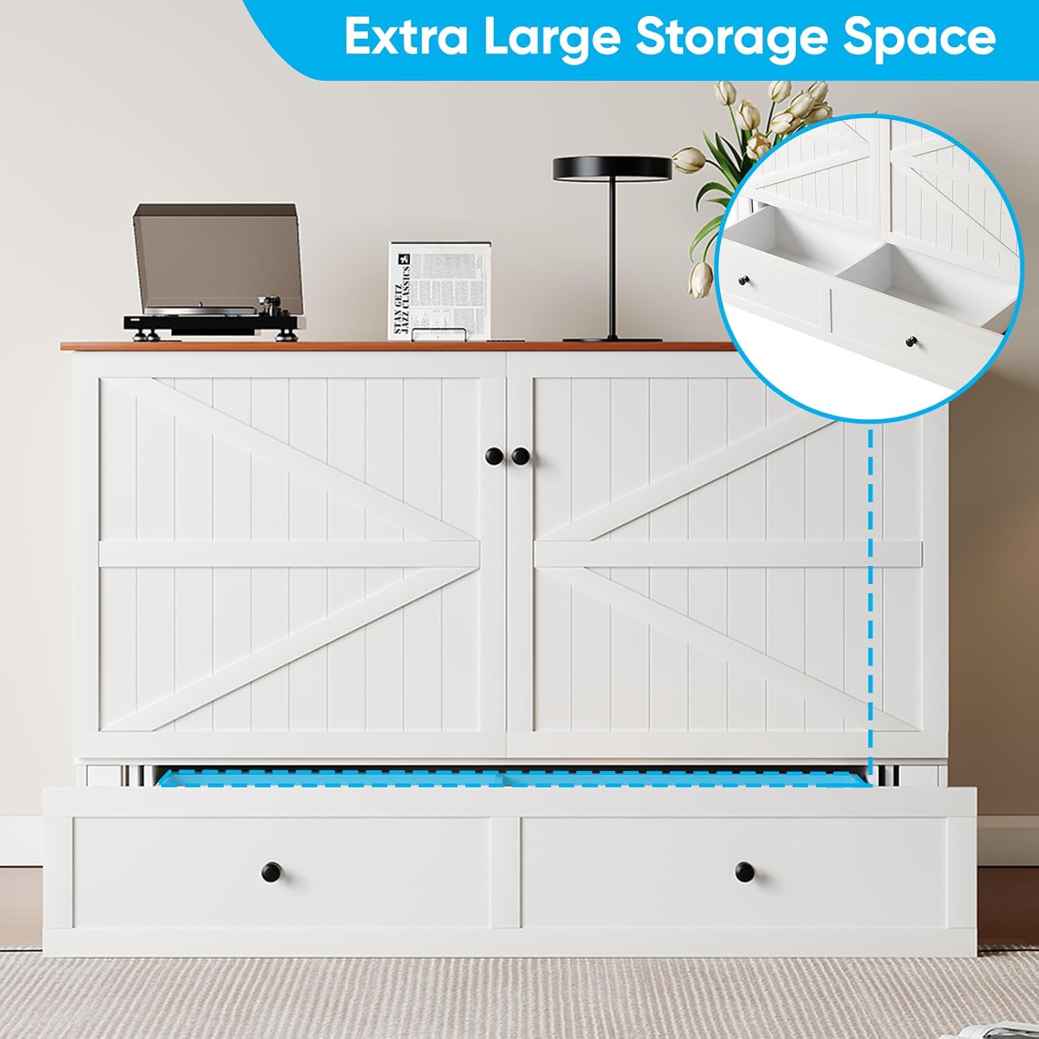 Mjkone 57" W Full Murphy Cabinet Bed, Full Size Murphy Bed with Storage Drawers, Cabinet Beds with USB Charging Station for Small Space, Guest Room, Bedroom, Office, White