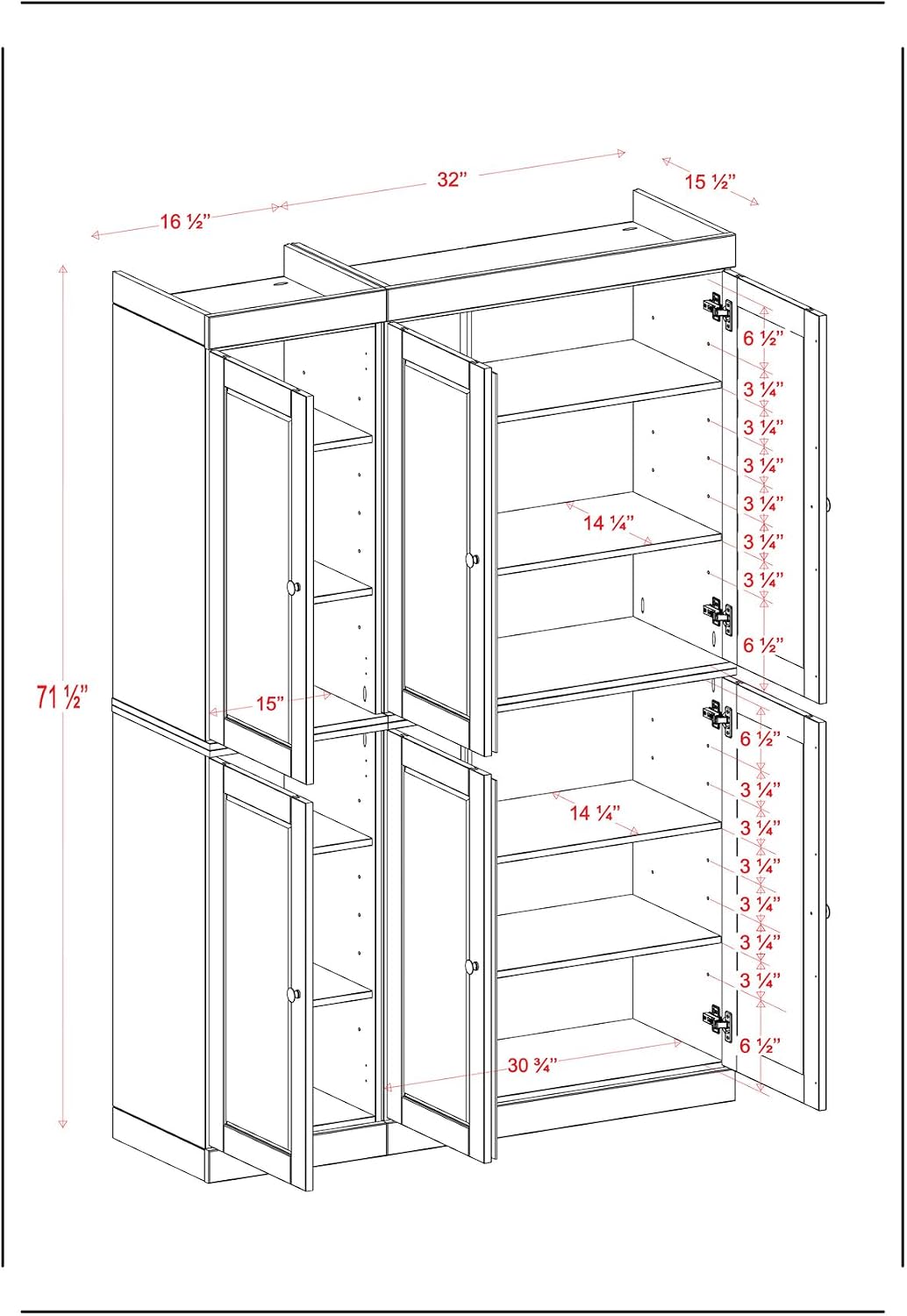 Palace Imports Solid Wood Kitchen Pantry Cabinet 71.5" Tall, 48.5" Wide – Wooden Storage Cabinet w/ 6 Shaker Doors & 8 Adjustable Shelves – Teal Blue, 100% Renewable Eco-Friendly Wood, Made in Brazil