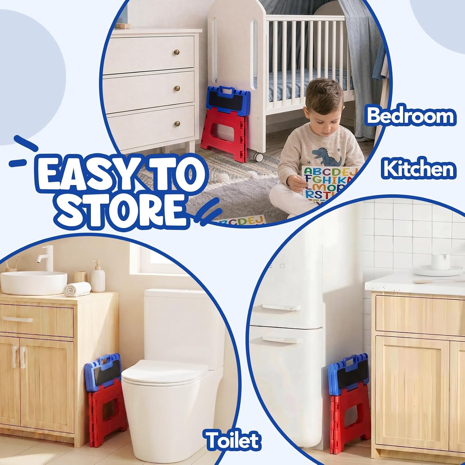 Delxo 9 Inch Kids Step Stool,400Lbs Folding Step Stool for Toddler Red+Blue | Toddler Foot Stool,Includes 3 Letter Stickers & 2 Non-Slip Grip Pads, Sturdy Compact Collapsible Stool for Kitchen, Bathroom