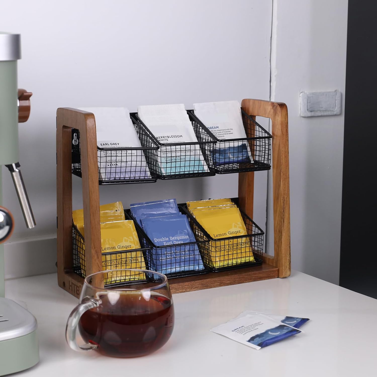 HTB 2 Tier Tea Organizer for Tea Bags with 6 Removable Metal Baskets | Acacia Wood Tea Bag Holder for Sugar Packets, Sweeteners, Creamers,Tea Bag Box Caddy for Cabinet, Counter,Office Wall-mounted