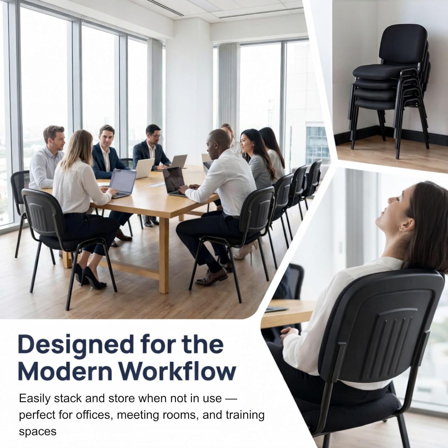 Stackable Office Guest Chairs, Reception Waiting Room Chairs with Padded Seat & Back, Armless No Wheels Conference Chairs for Training, Meeting, Lobby, Set of 5, Black Mesh Fabric