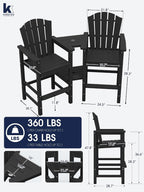 KINGYES Tall Adirondack Chair Set of 2 with Double Connecting Trays, Outdoor HDPE Adirondack Barstools, High Airondack Chair with Wood Grain, Embossed Balcony Chair for Backyard, Black