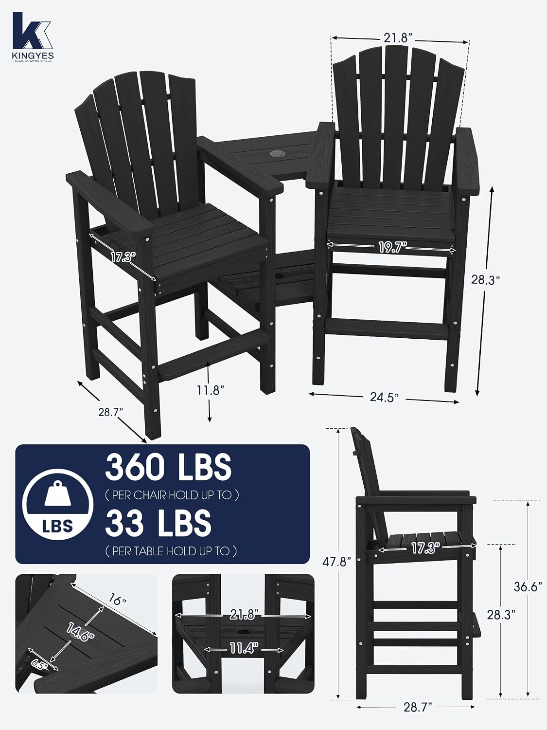 KINGYES Tall Adirondack Chair Set of 2 with Double Connecting Trays, Outdoor HDPE Adirondack Barstools, High Airondack Chair with Wood Grain, Embossed Balcony Chair for Backyard, Black