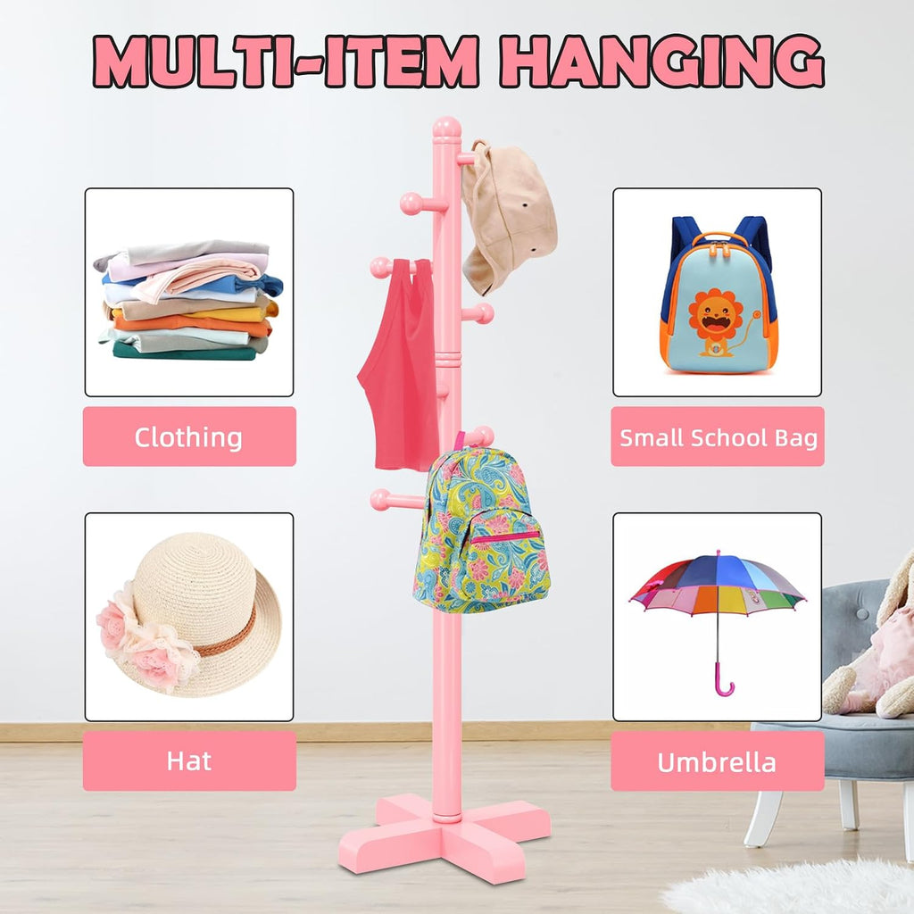 8-Hook Freestanding Wooden Coat Rack 2 Adjustable Heights Pink | Suitable for Bedroom Hallway Entrance Office,Holds Hats Handbags Purses Neatly,Space-Efficient Vertical Stand