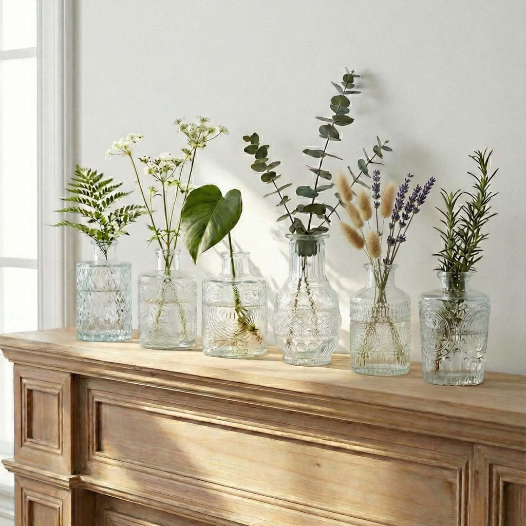16 Pack Glass Bud Vases for Centerpieces - Bulk Small Flower Vases Set of 16, Mini Vintage Vases, 4 Styles for Party, Wedding Decorations, Baby Shower, Home Table Flower Décor (Clear)