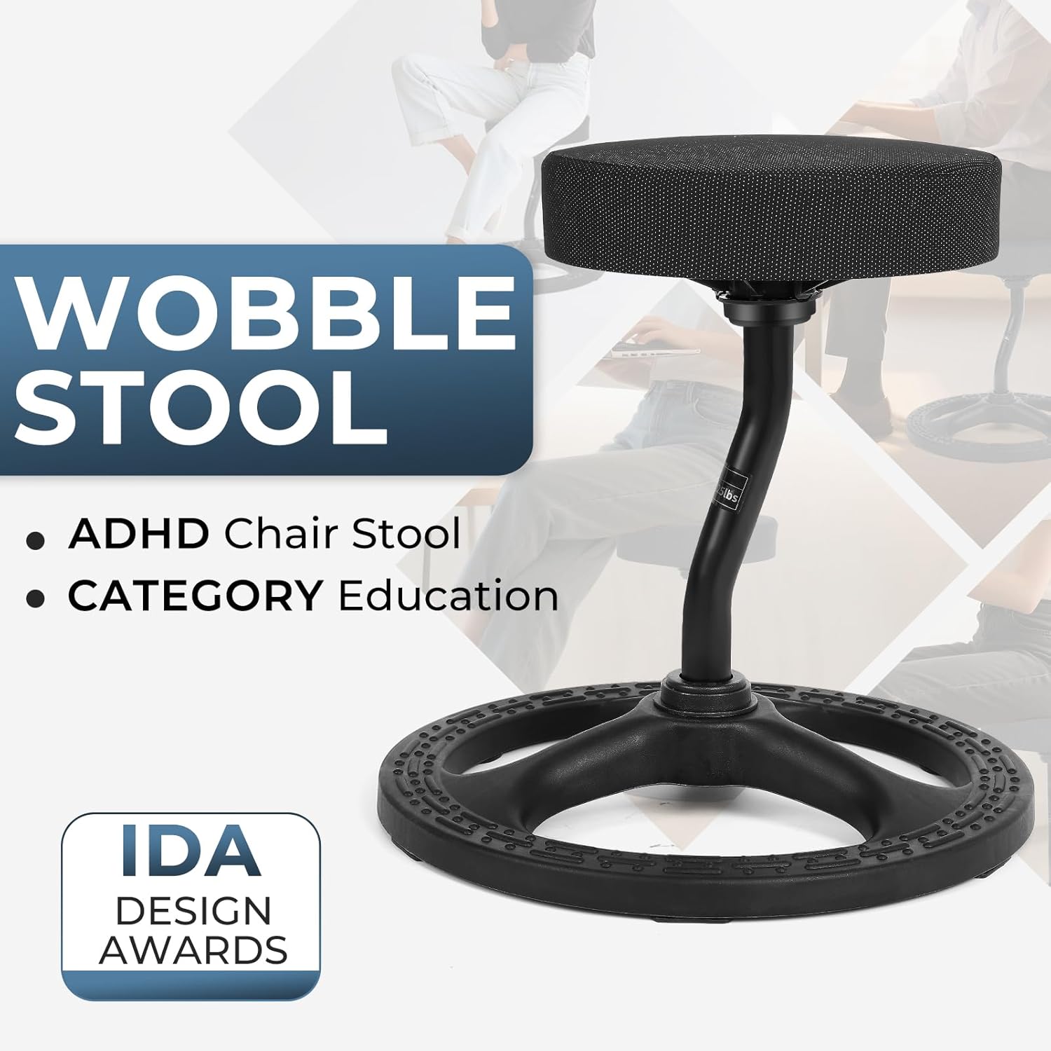 Fitness Seat, ADHD Chair Stool, Stability, Balance, Yoga, Ergonomic Health Stool with Non-Slip Base and Washable Seat Cover - Black (Black, 19″)
