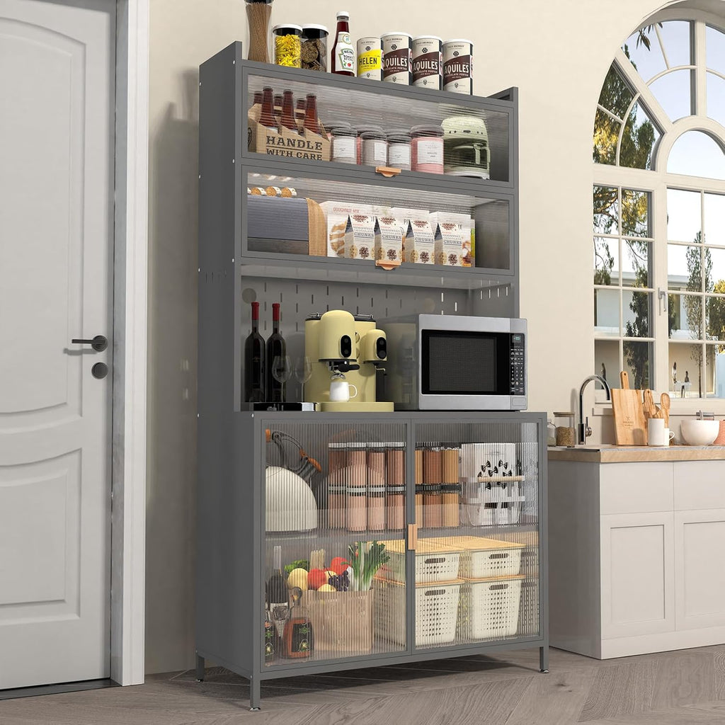 73" Tall Kitchen Pantry Cabinet, 6-Level Metal Storage with Flip Door, Pegboard, Microwave Shelf & Anti-Tip Design for Kitchen, Dining Room, Living Room,Grey