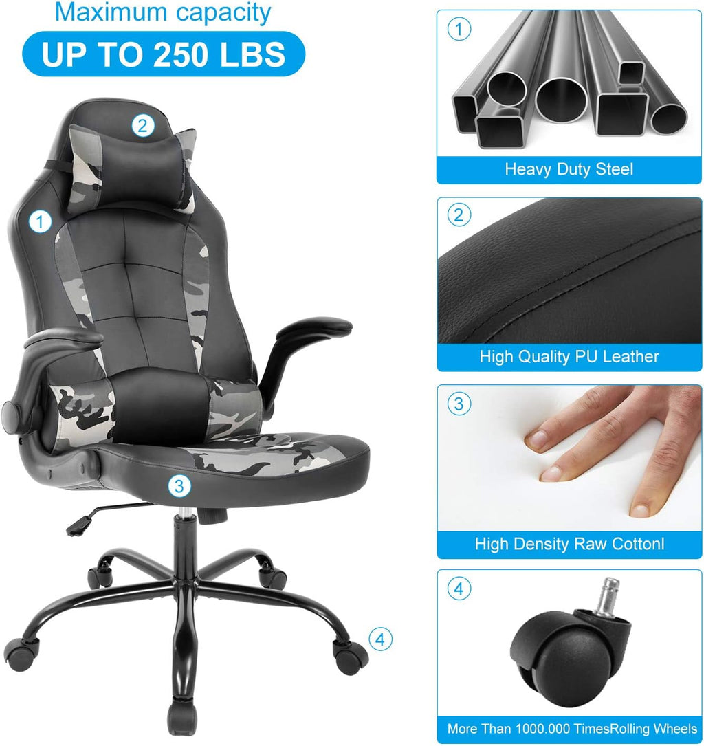 Meet Perfect Gaming Ergonomic Office Desk Chair - Leather Computer With Lumbar Support and Head Pillow - Modern Executive Adjustable Rolling Swivel Task for Home Office, Camo