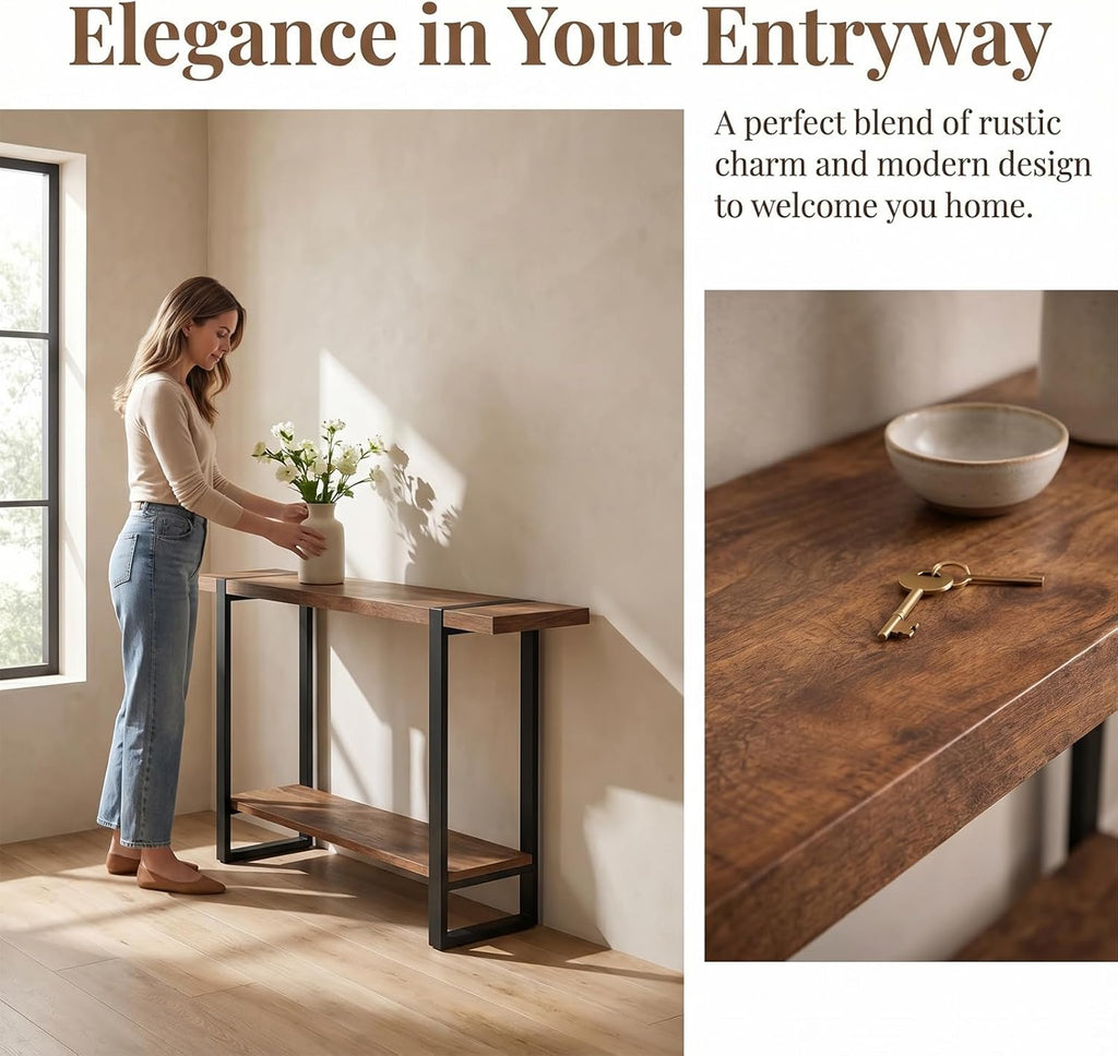 Solid Wood Console Table with 2-Tier Shelf, Narrow Sofa Table Behind Couch, Heavy Duty Entryway Table for Small Spaces, Industrial Farmhouse Hallway Table, W Walnut Color 31.5"L×7.9"W×39.4"H