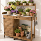 Potting Bench Table Work Bench with Storage Cabinet Outdoor Wooden Garden Workstation with Metal Tabletop/Drawer/Hooks/Open Shelf(41" LX 12.5" W X 49.2" H)