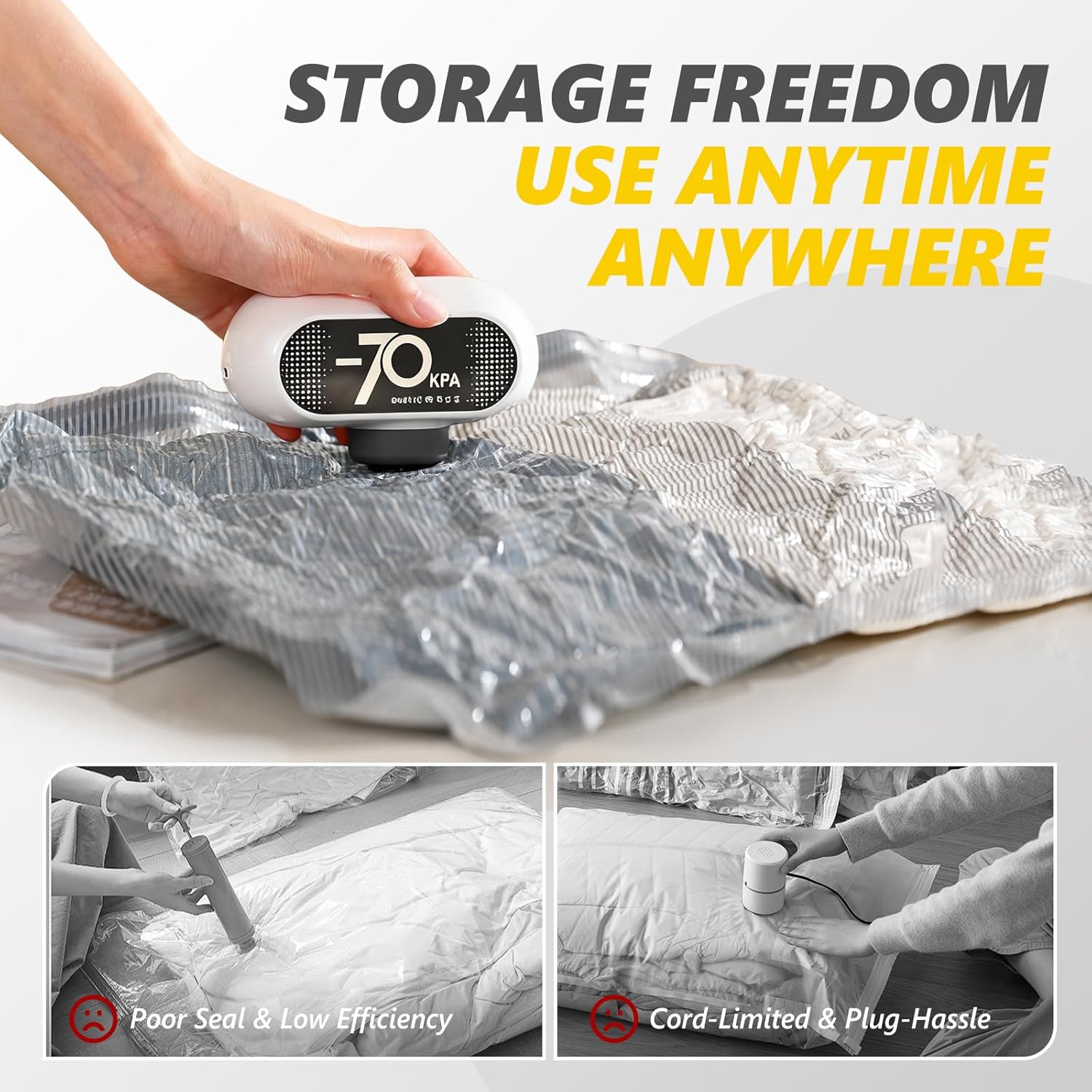 15 Pack Travel Vacuum Bags with Electric Pump, 70KPa Vacuum Storage Bags for Clothing, Reusable Space Saver Bags for Suitcase, Travel & Home Storage, Alpine White