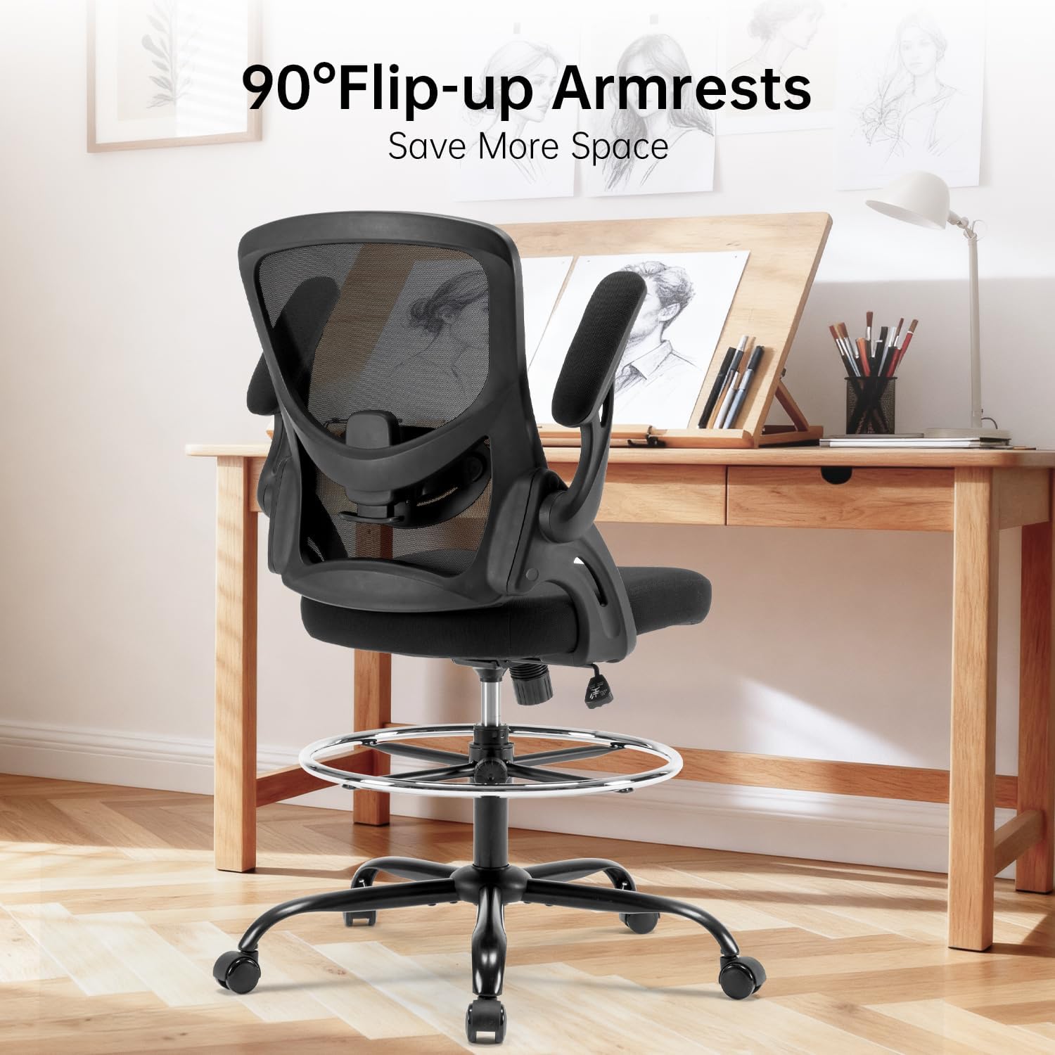 Drafting Chair Ergonomic Comuputer Standing Desk Chair with Flip-Up Arms and Lumbar Support, Tall Office Chair with Adjustable Footrest, Stool Counter Height Office Chairs Black