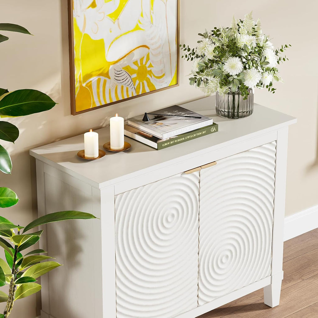 40" Coffee Bar Cabinet with Shelf, Craft Storage Cabinet with Doors, Wood Cabinet, Charming Carved Motif, Entry Way Cabinet with Storage, Sideboard Buffet for Living Room (Annual rings, White)