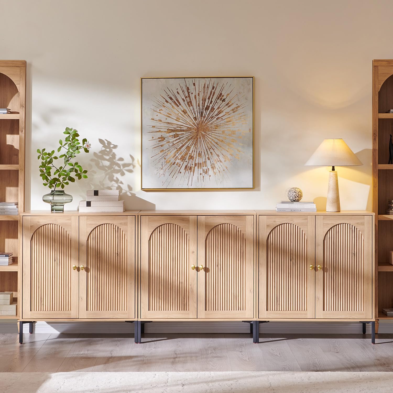 IFGET Modern Buffet Cabinet with Storage, 92.63" W Fluted Arched Sideboard Cabinet w/Adjustable Shelves, Wooden Modular Coffee Bar for Dining Room, Kitchen, Living Room, Entryway, Natural