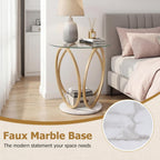 Giantex Round End Table Set of 2, Faux Marble Sofa Couch Side Table w/Tempered Glass Tabletop & Ring Gold Metal Frame, Small Coffee Tables for Decoration, Bedside Night Stand for Bedroom Living Room