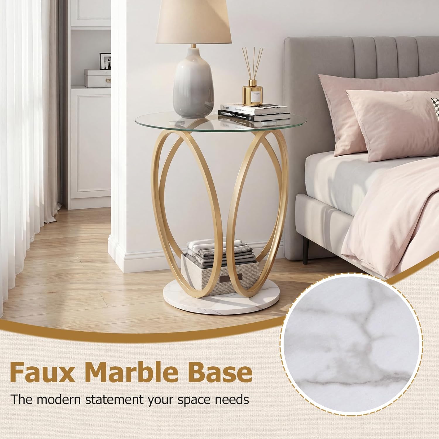 Giantex Round End Table, Faux Marble Sofa Couch Side Table with Tempered Glass Tabletop & Ring Gold Metal Frame, Small Coffee Tables for Decoration, Bedside Night Stand for Bedroom Living Room