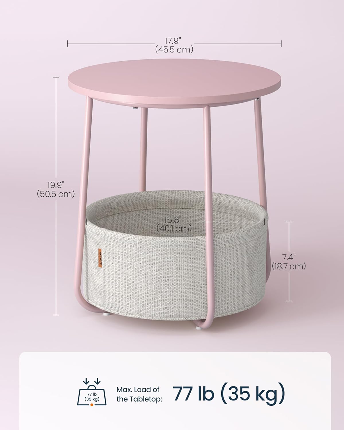 SONGMICS HOME Small Side Table, Round End Table, 2 Tier Nightstand with Basket, U Shaped Steel Legs, Easy Assembly, for Living Room, Bedroom, Pink and White