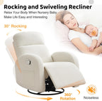 Rocking Recliner Nursery Chair, Swivel Recliner Glider for Nursery with 2 Pockets, Reclining Rocking Chair, Manual Recliners for Living Room, Bedroom, Cream White Chenille