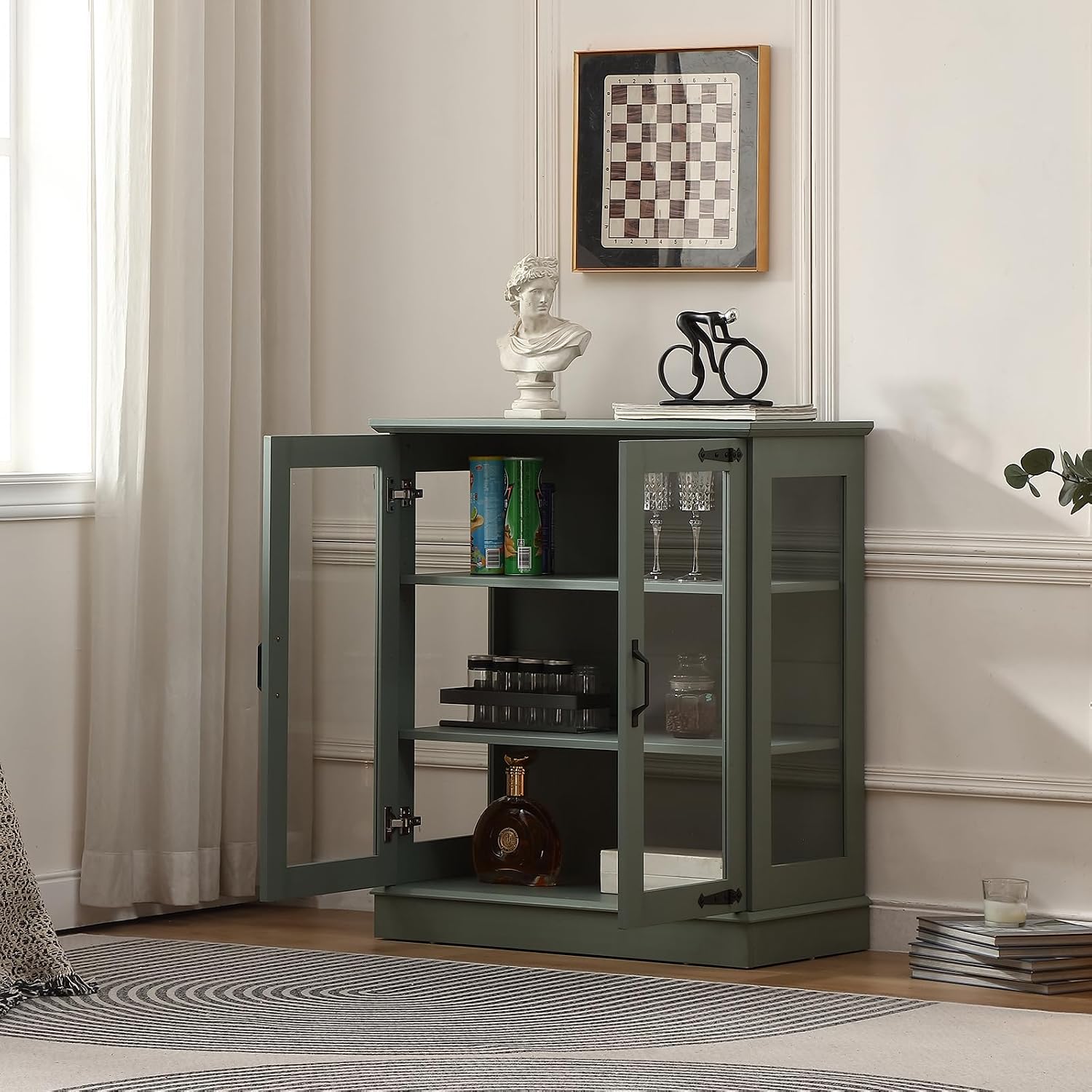 FOREST GRAVITY 31.5'' Small Display Buffet Cabinet with Glass Doors for Great Showcase,Small Coffee bar Cabinet with one Adjustable Shelf and one Fixed Shelf,Modern Sideboard Buffet for Kitchen,Green
