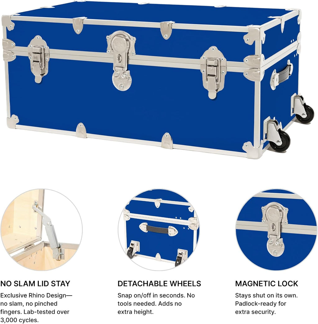Rhino Trunk & Case Classic Camp & College Trunk with Wheels. 30"x17"x13", 1500+ lbs Capacity - Many Colors, Soft-Close Lid. Strong, USA Made Summer Camp Footlocker and Secure Dorm Storage Chest