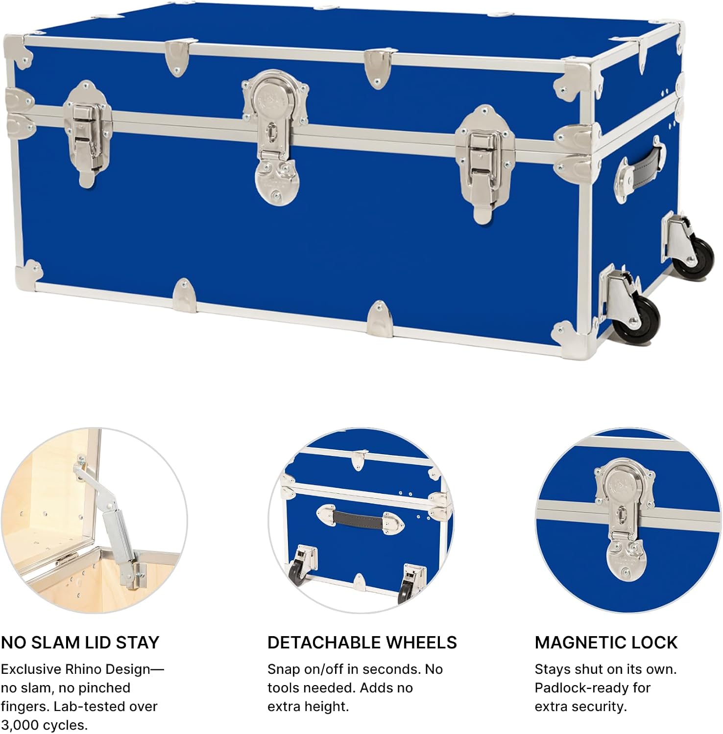 Rhino Trunk & Case Classic Camp & College Trunk with Wheels. 30"x17"x13", 1500+ lbs Capacity - Many Colors, Soft-Close Lid. Strong, USA Made Summer Camp Footlocker and Secure Dorm Storage Chest