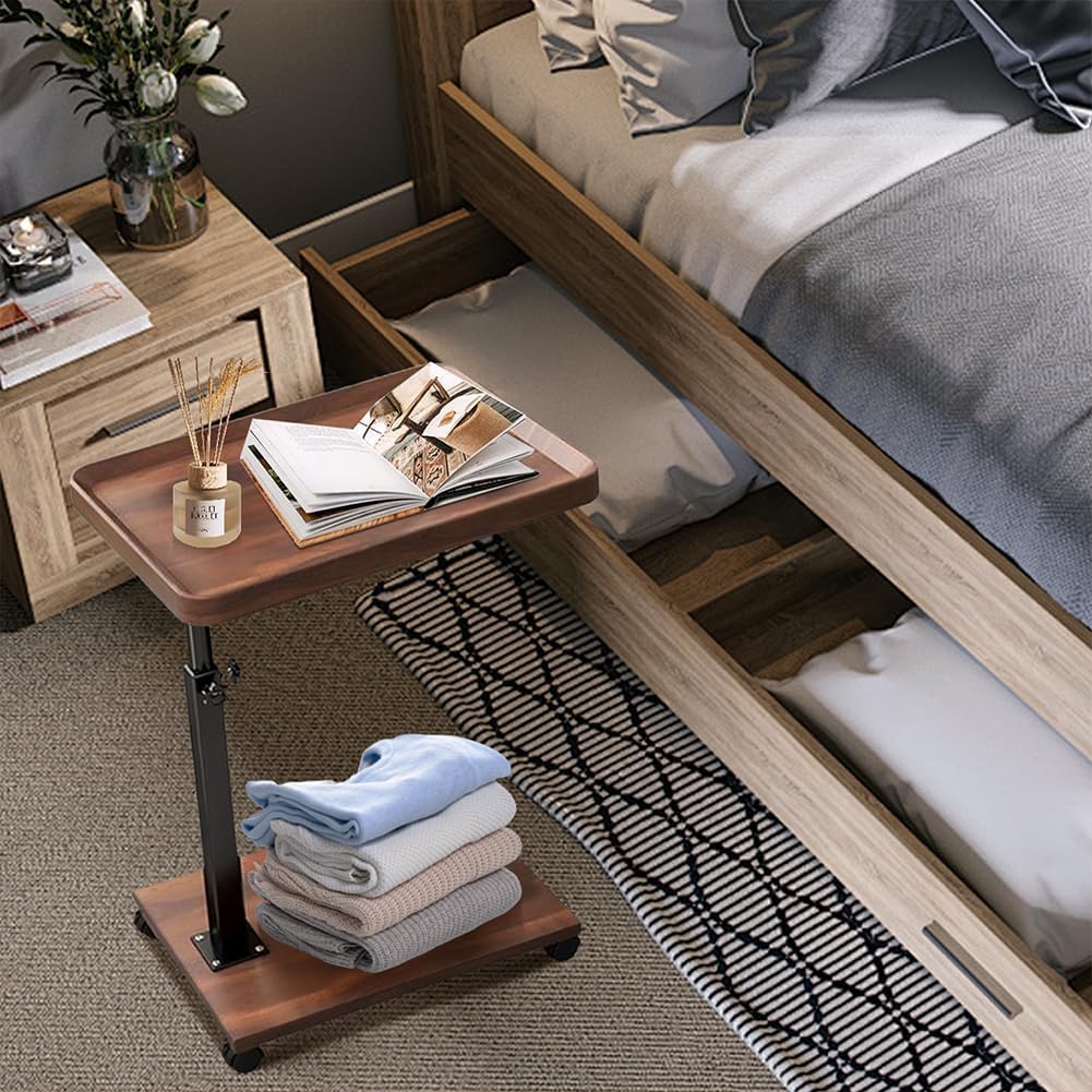 C Table End Table Adjustable Height for Couch, 360°Swivel TV Tray Table, Couch Tables That Slide Under for Eating on Couch, Bedroom or Livingroom Laptop-Table for Couch Side Desk with Wheels