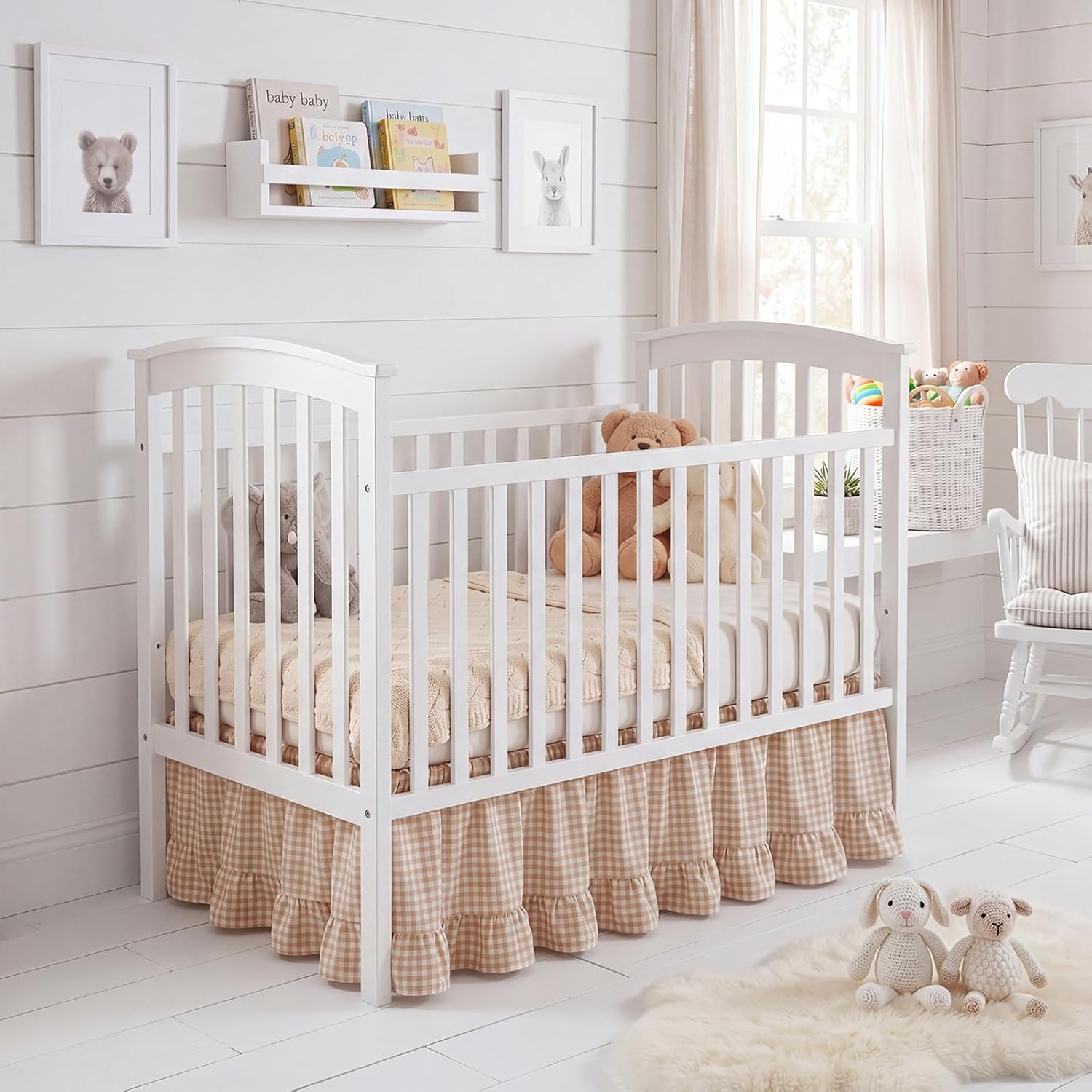 Gingham Crib Skirt Dust Ruffle 52 x 28 Inch 100% Washed Cotton Ruffle Plaid Baby Crib Bed Skirt Soft Farmhouse for Boys & Girls Nursery Bedding Decor, Fits Standard Cribs(Beige)