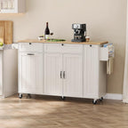 Kitchen Island with Storage, Island Table for Kitchen with Drop Leaf and Power Outlet, Rolling Kitchen Island with Trash Cabinet, Spice Rack & Towel Rack, White