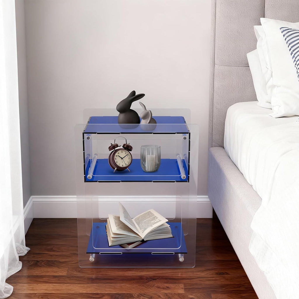 Acrylic Side Table, Acrylic End Table Record Player Table, Bedside Table with Open Storage Shelf, Small Nightstand for Living Room Bedroom Home Decor, 15.7" L x 11.8" W x 19.7" H (Blue)