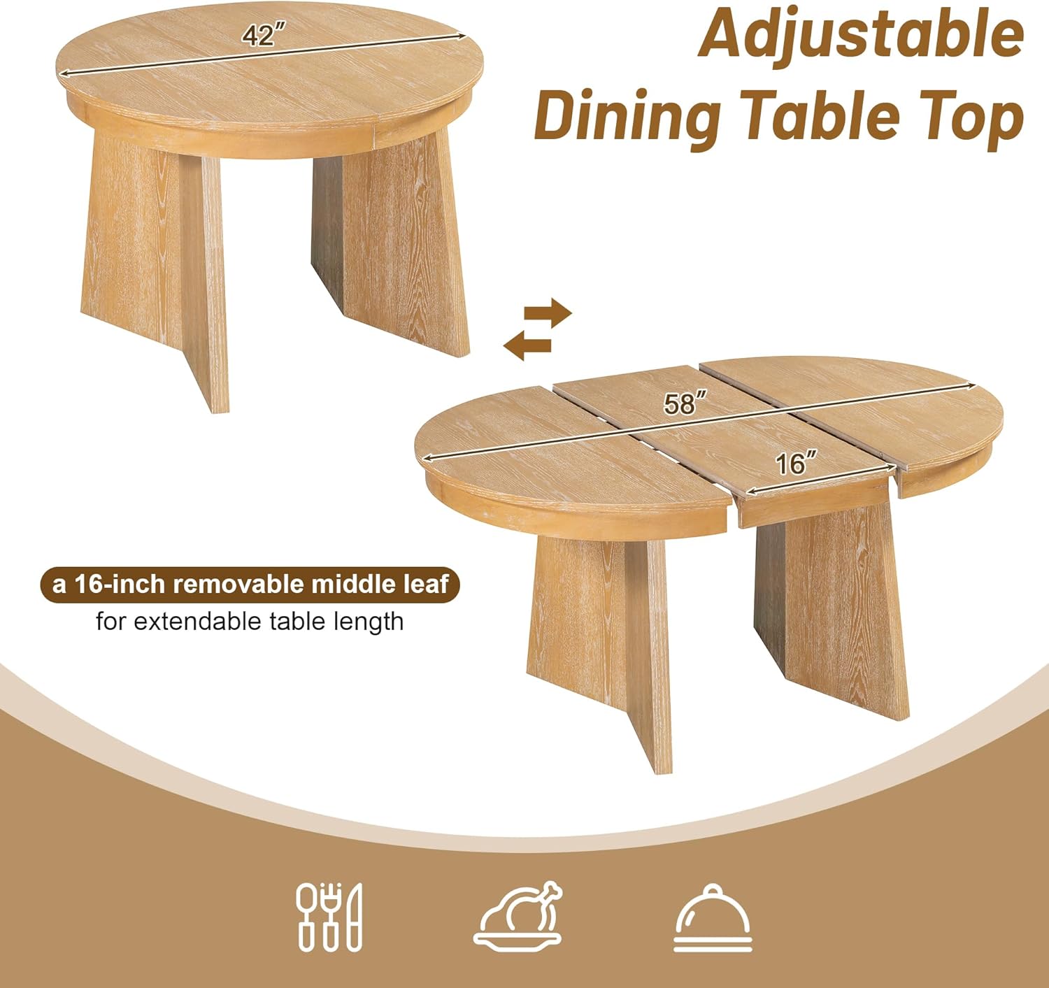 LUMISOL 5-Piece Round Dining Table Set for 4, Extendable Kitchen Table Set with 4 Upholstered Chairs, Kitchen Table and Chairs Set for Dining Room, Kitchen, Natural Wood Wash
