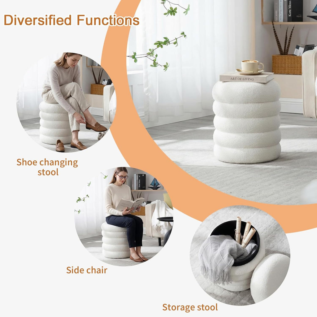 White Round Ottoman with Storage Upholstered Sherpa Foot Stool Ottoman Small Boucle Foot Rest Pouf for Living Room/Entryway, Set of 2