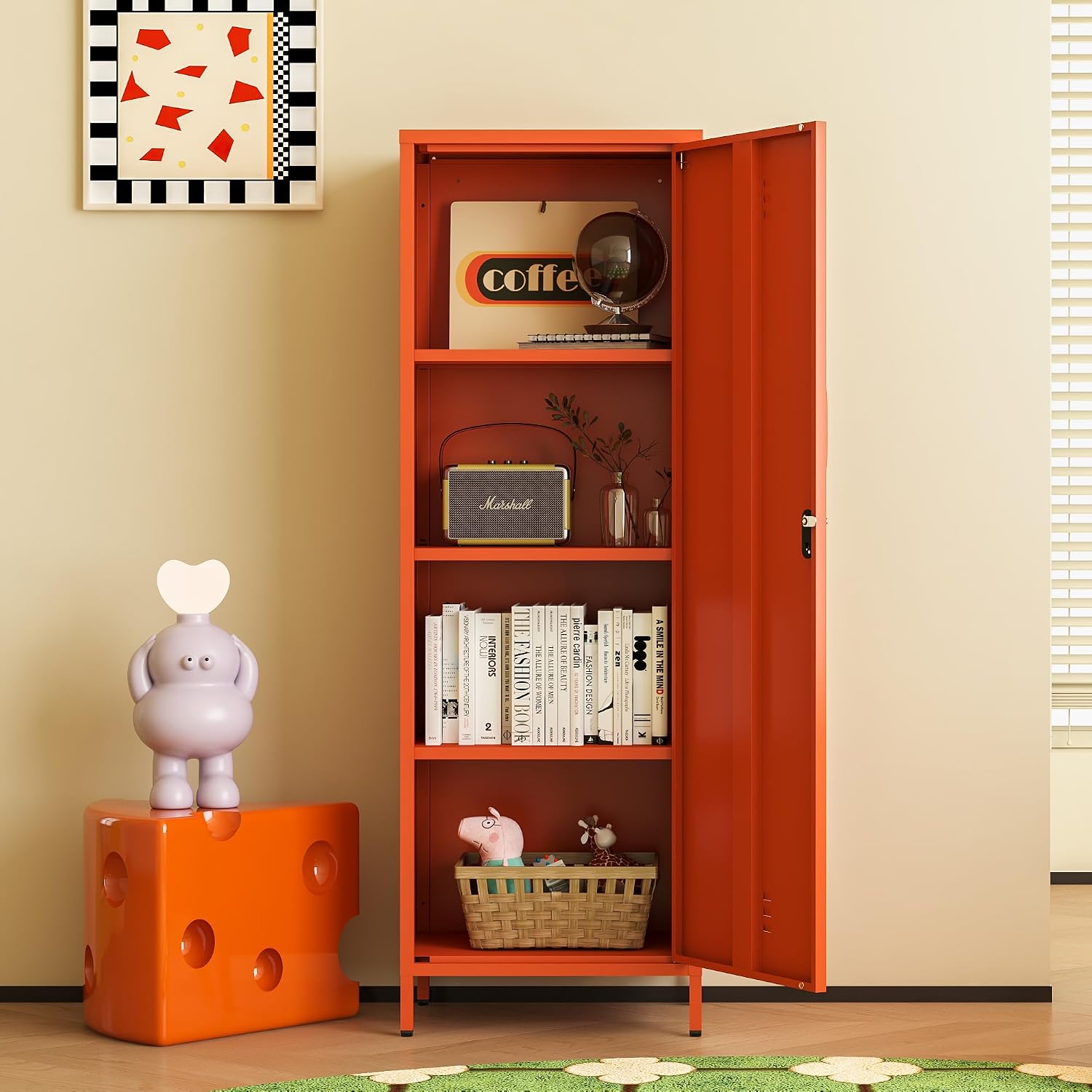 Metal Locker Storage Cabinets 59.06"H Orange Locking File Cabinets Kitchen Food Pantry Cabinet with 2 Doors and Shelves for Dining Room, Living Room,Bathroom Office,Home,Garage, Gym, School