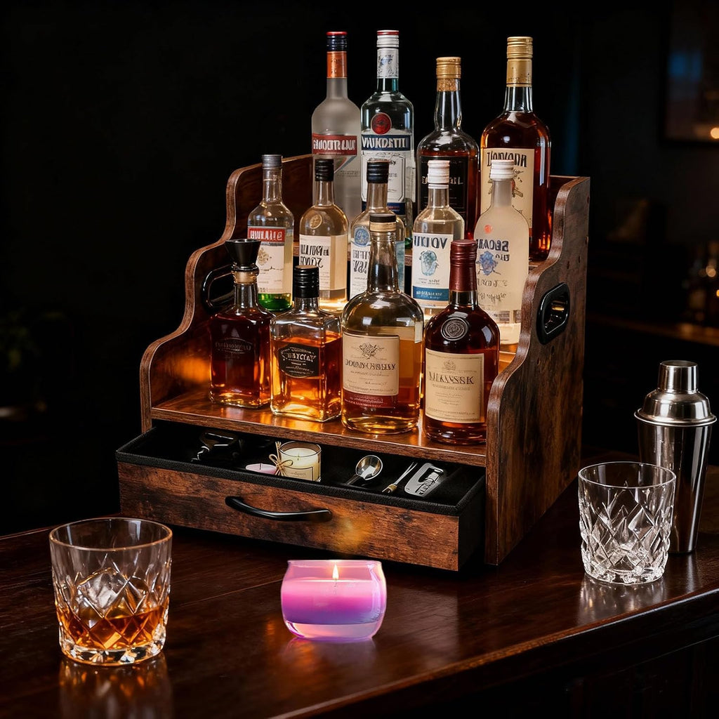 Liquor Bottle Display Shelf 3 Floors with Drawers | Countertop Wine Rack, Accommodates 12 Bottles and 36 K Cups, Minibar Coffee Syrup Storage Box, Whiskey