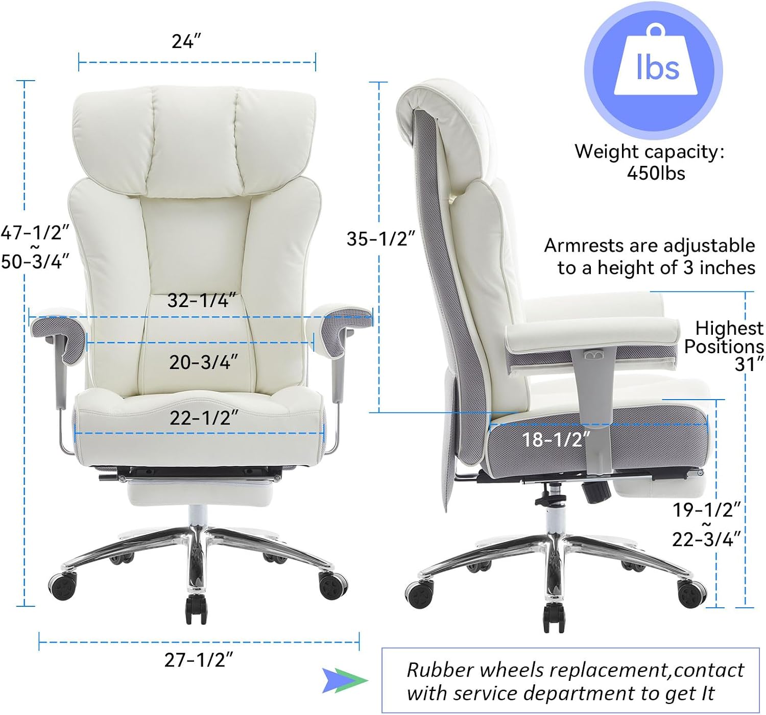 Efomao Big and Tall Executive Office Chair 400lbs - White Desk Chair for Women with Footrest, 24" Wide Ergonomic Pocket Spring Cushion Seat, Heavy Duty Computer Chair for Home Office, Gaming
